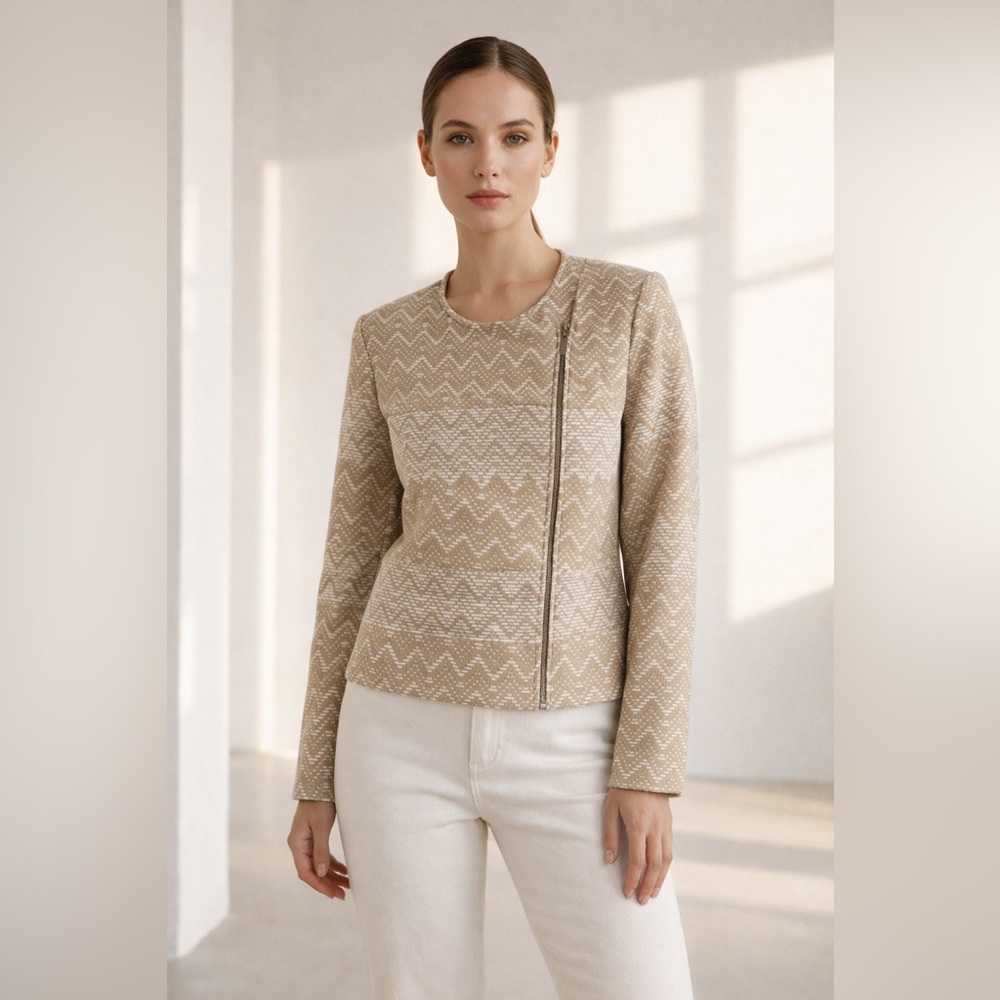 Nordstrom Asymmetrical Zip Chevron Bouclé moto Jacket Collarless textured preppy